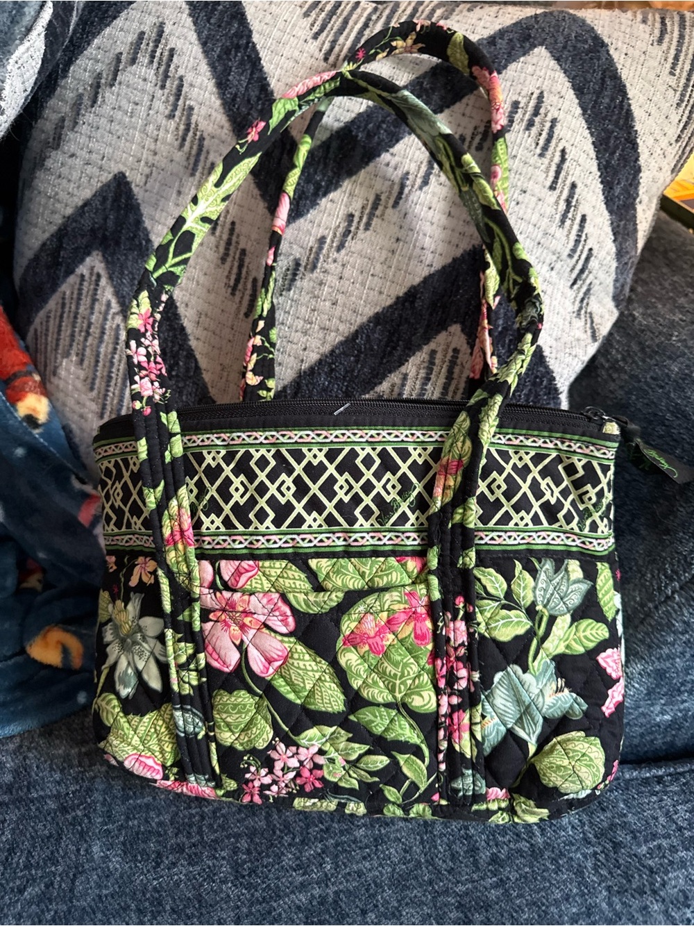 Vera Bradley Black Quilted Tote with Pink and Green Floral Print